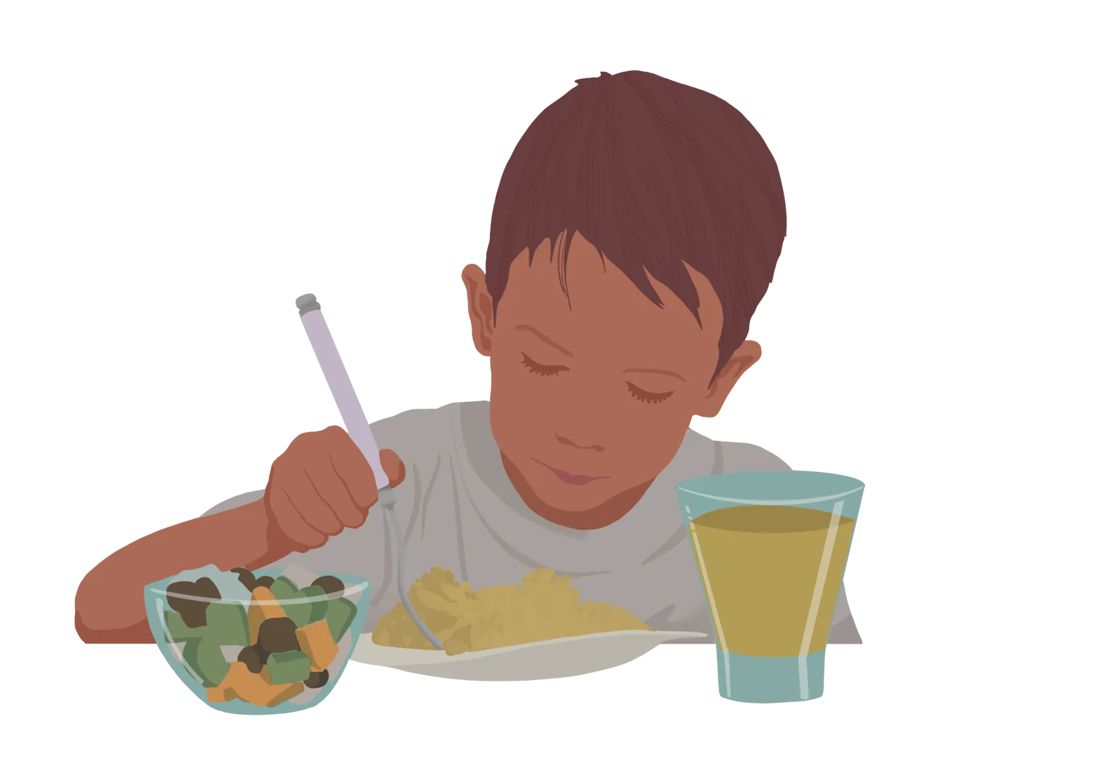 Niño comiendo una ensalada con un vaso de agua