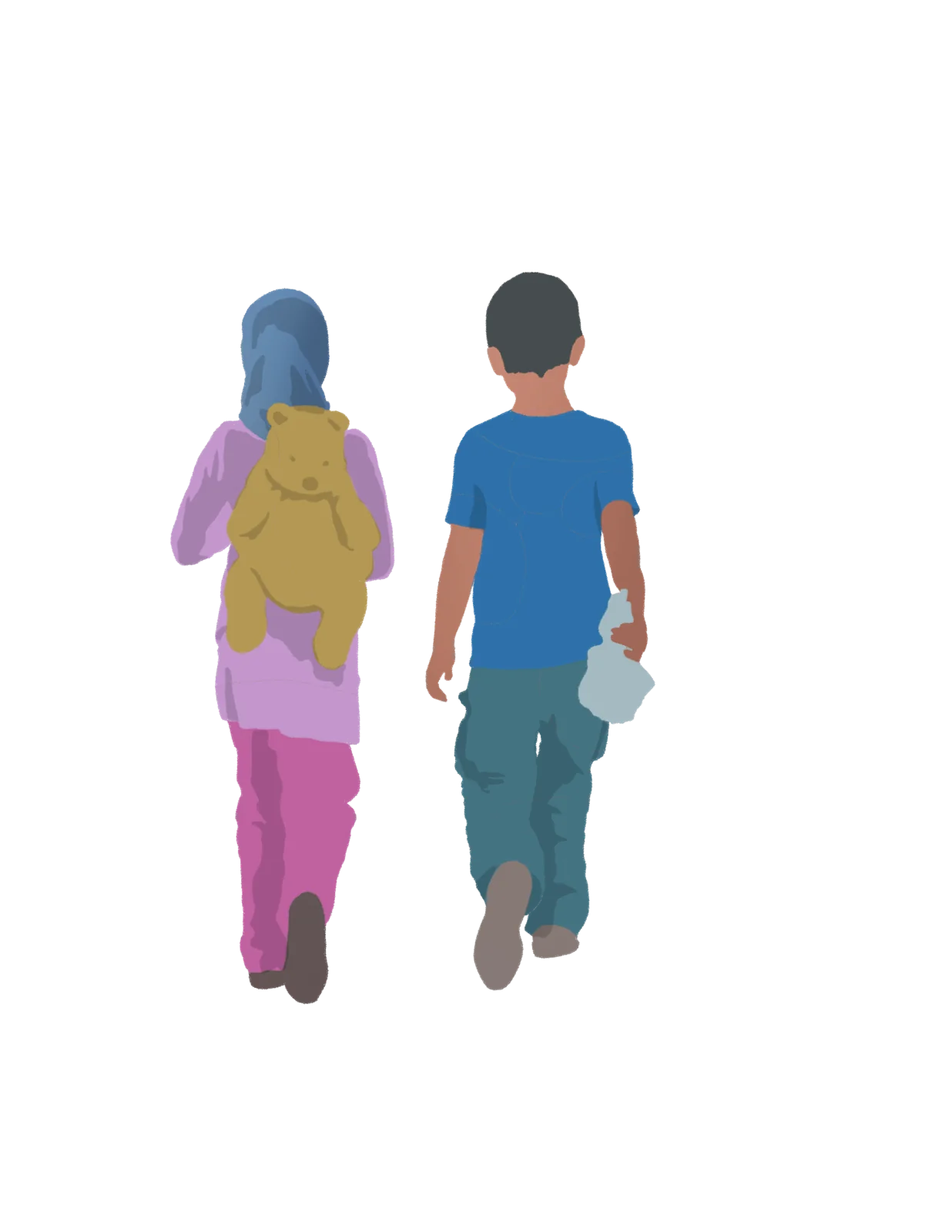 Dos niños de espaldas caminando, uno con un oso de peluche