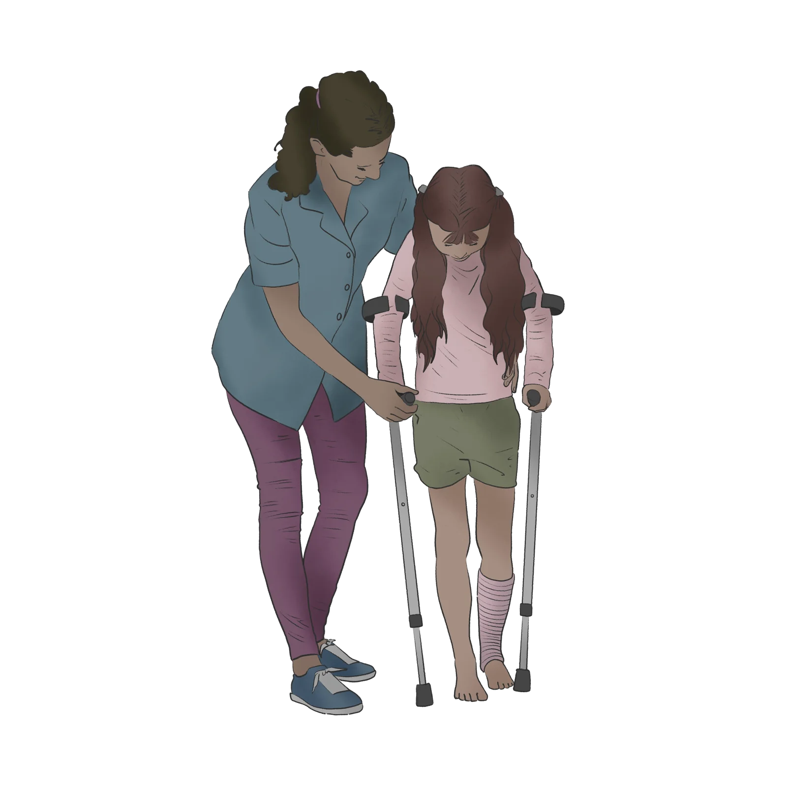 Cuidadora acompañando a una niña que camina con muletas