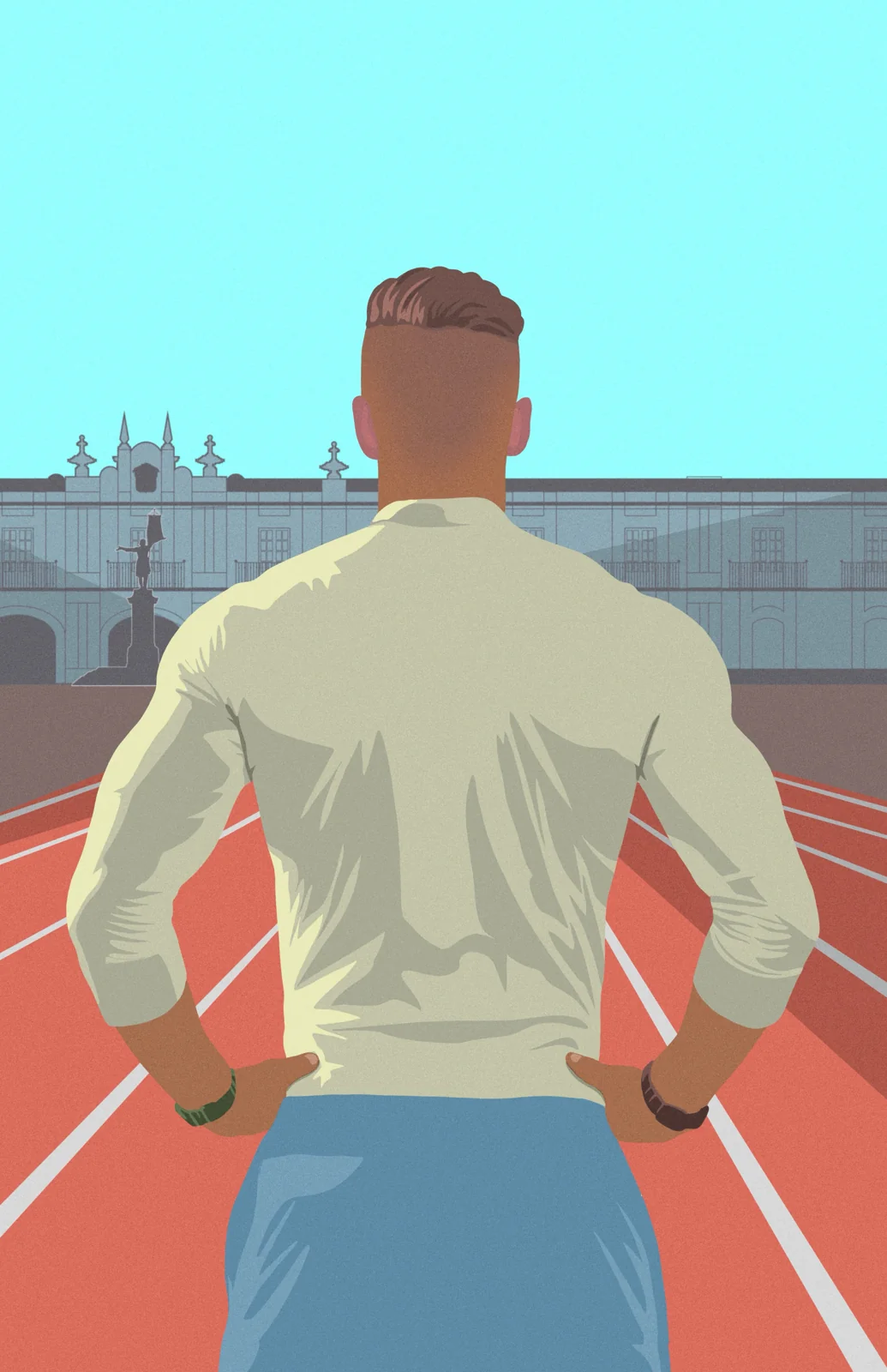 Deportista de espaldas en una pista de atletismo