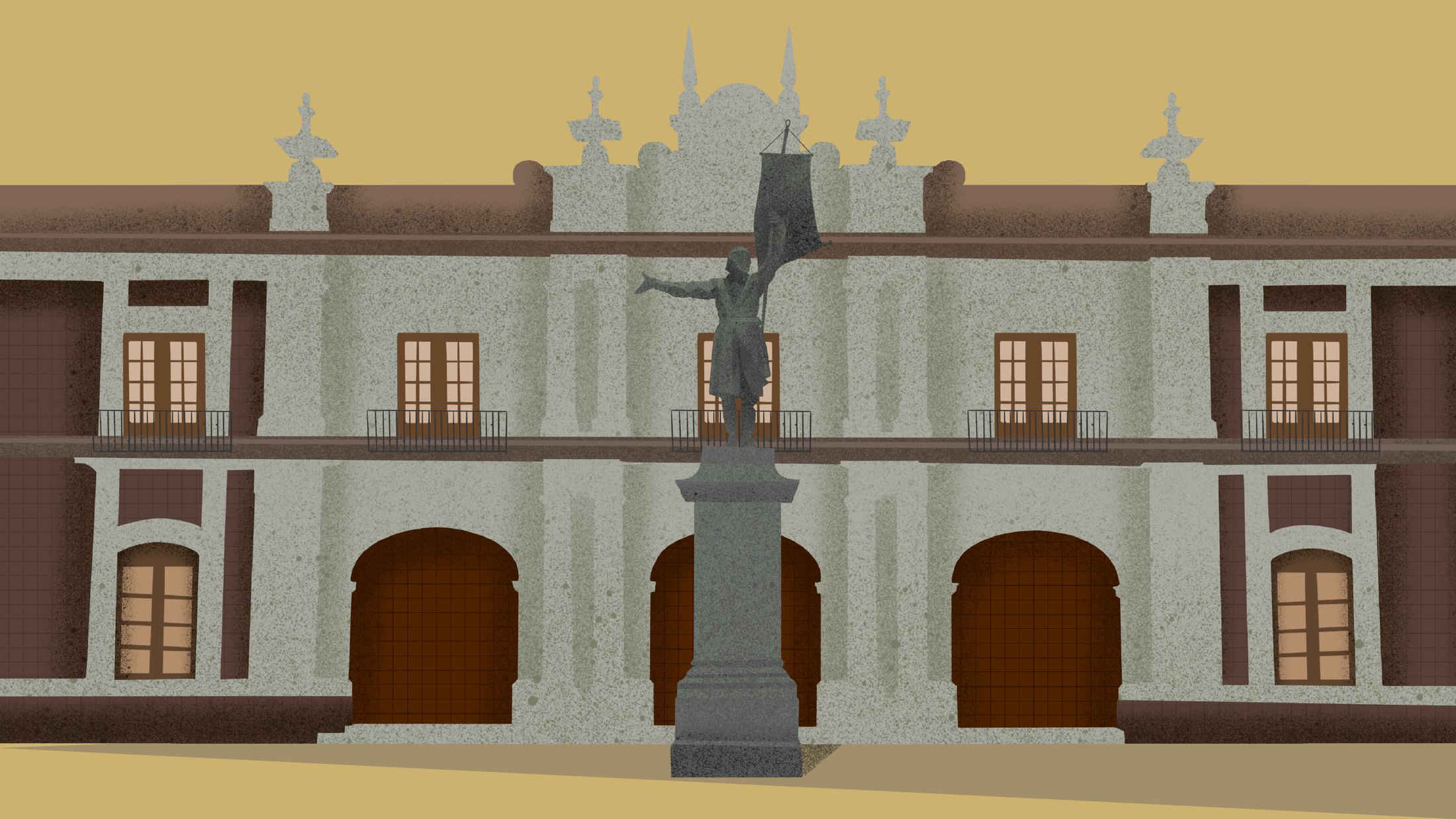 Ilustración de la fachada del Palacio Legislativo con el monumento a Miguel Hidalgo al frente
