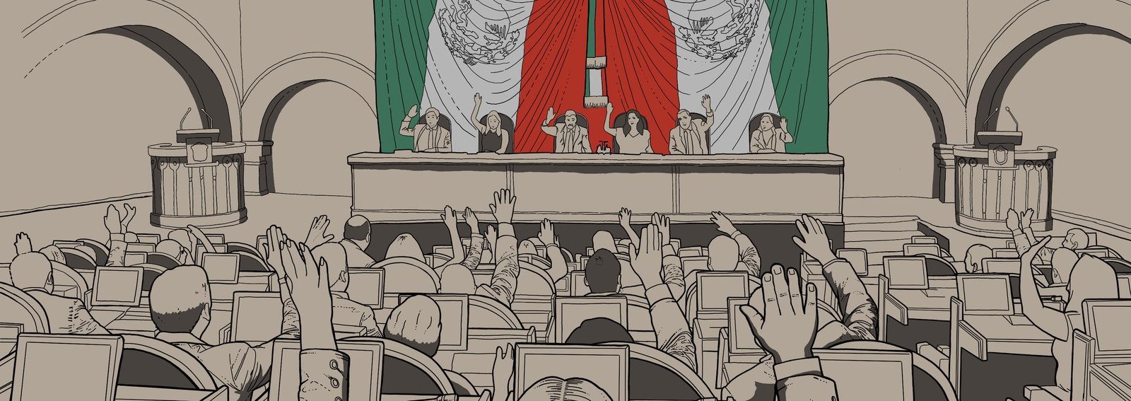 Ilustración del Salón de Sesiones José María Morelos y Pavón con legisladores levantando la mano