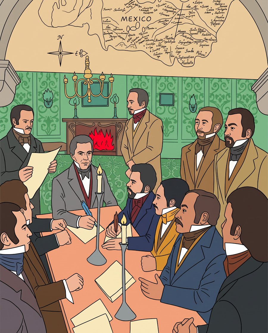 Mural Primera Ley Orgánica Provisional: legisladores reunidos alrededor de una mesa