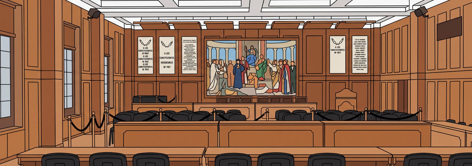 Ilustración del interior del Salón Benito Juárez con el mural Leyes de Reforma al fondo