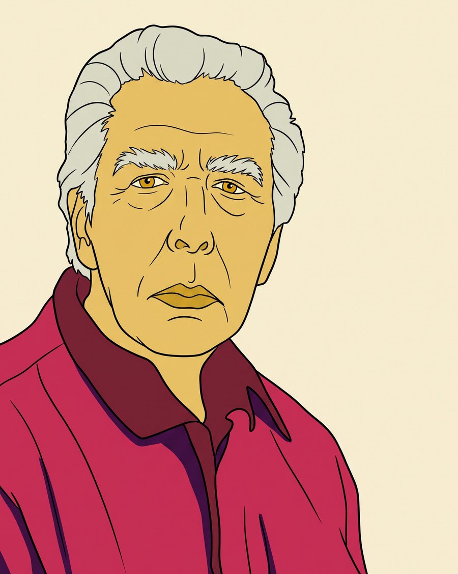 Retrato ilustrado del muralista Leopoldo Flores Valdés